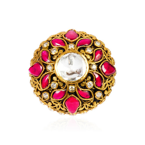 Gold-Toned Adjustable Ring with Central White CZ, Pink Ruby Accents, and Clear CZ Details
