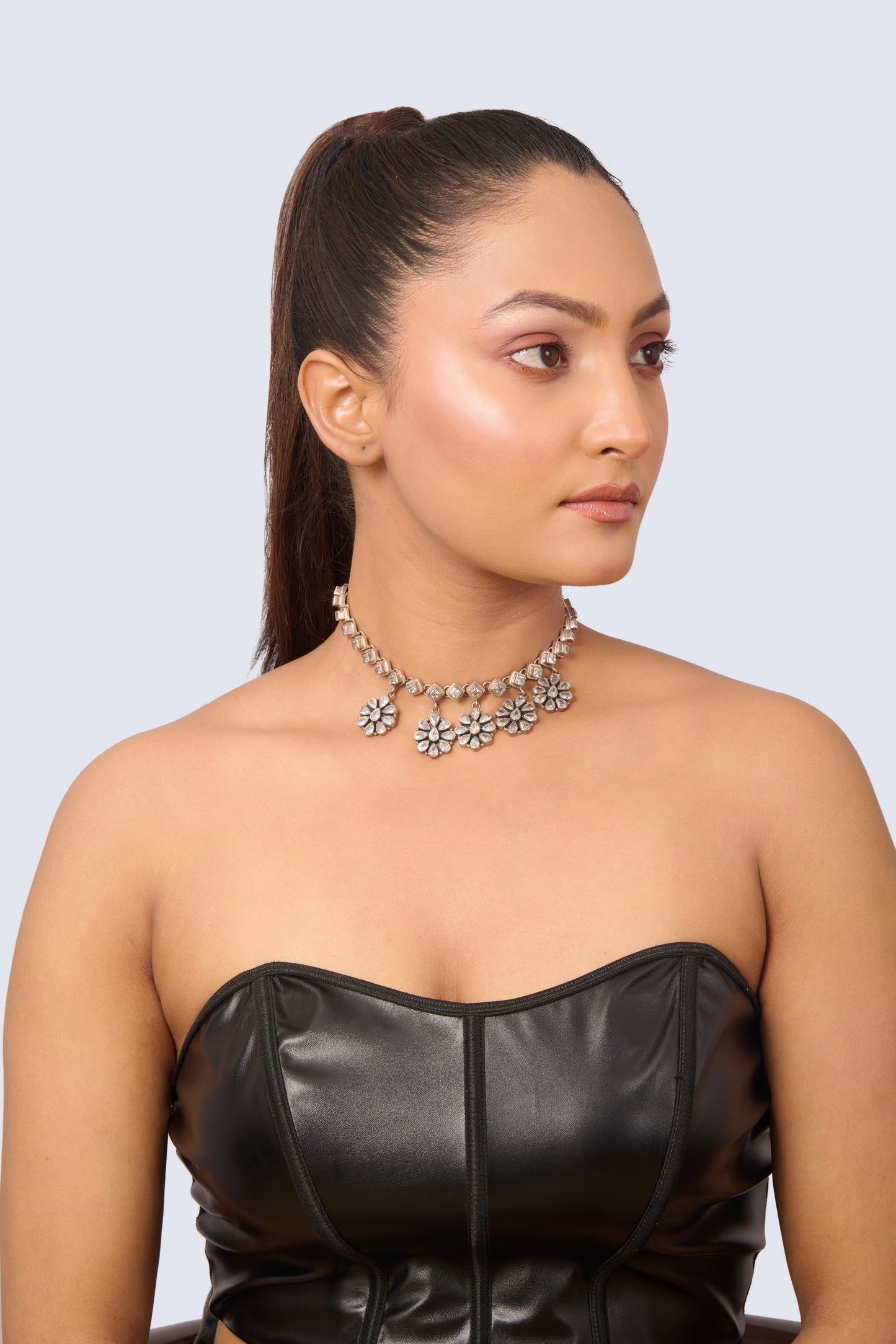 Delicate Silver Necklace with Square Link Chain and Dangling White Crystal Flower Charms