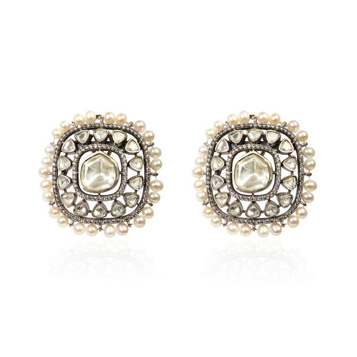 Women's Ethnic Silver Earrings with White CZ Center, Uncut Polki, and Delicate Pearl Edge