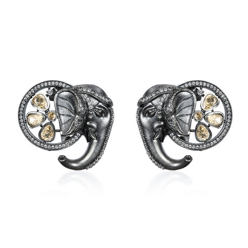 Women's Ethnic Silver Earrings with Detailed Elephant Head and Mixed Gem Accents