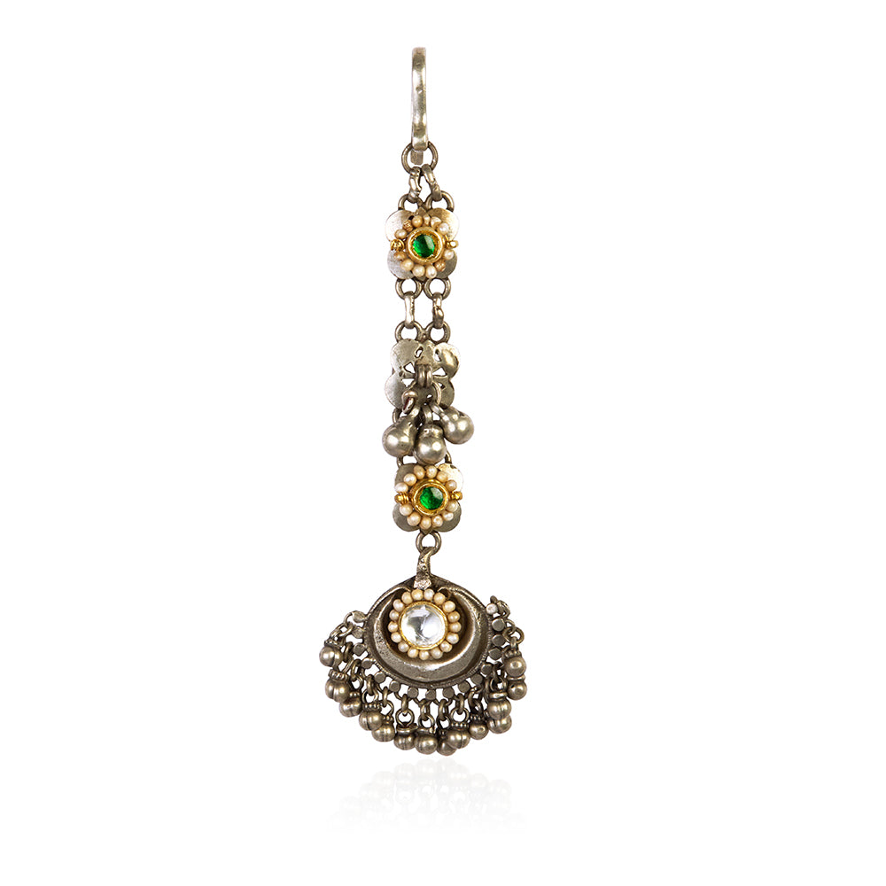 Ethnic Silver Maang Tikka with Delicate Stone and Beadwork