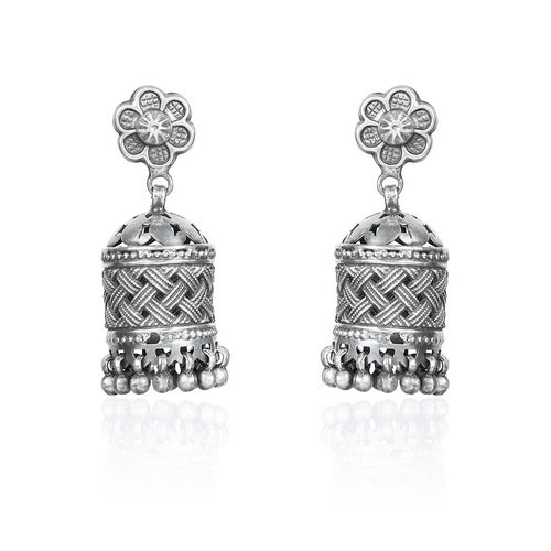 Silver Plated Woven Pattern Jhumka Earrings