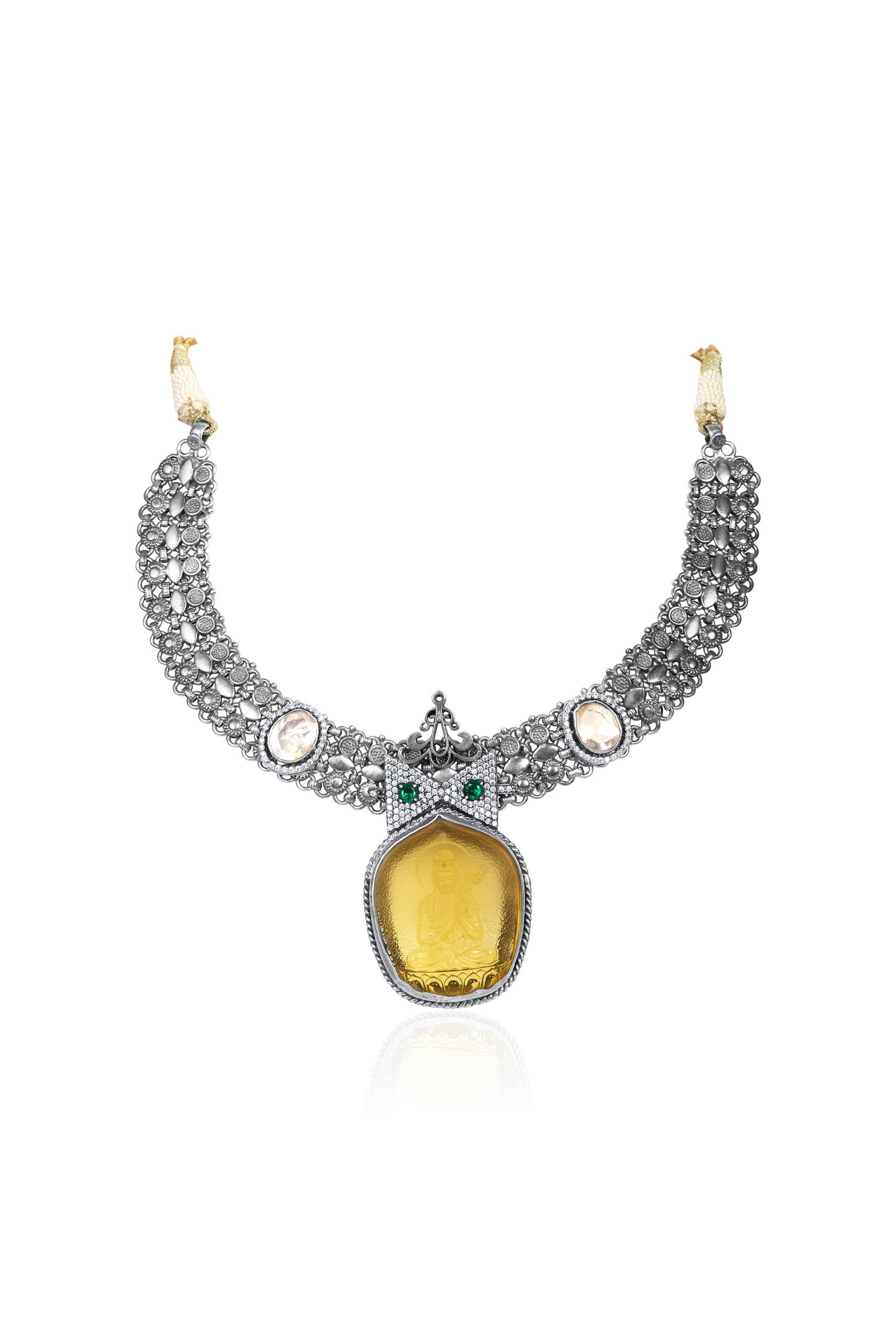 Amaris Carved Yellow Gem Choker with White Gemstone Collar and Green Stone Details