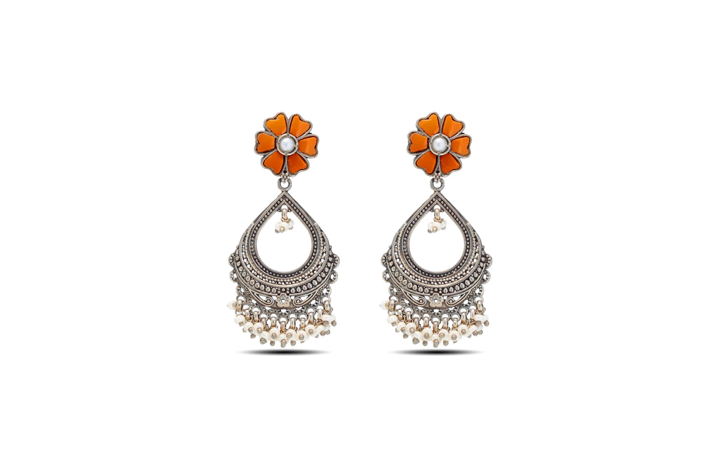 92.5 Silver Chandbali Earring with Orange Blossom image 0
