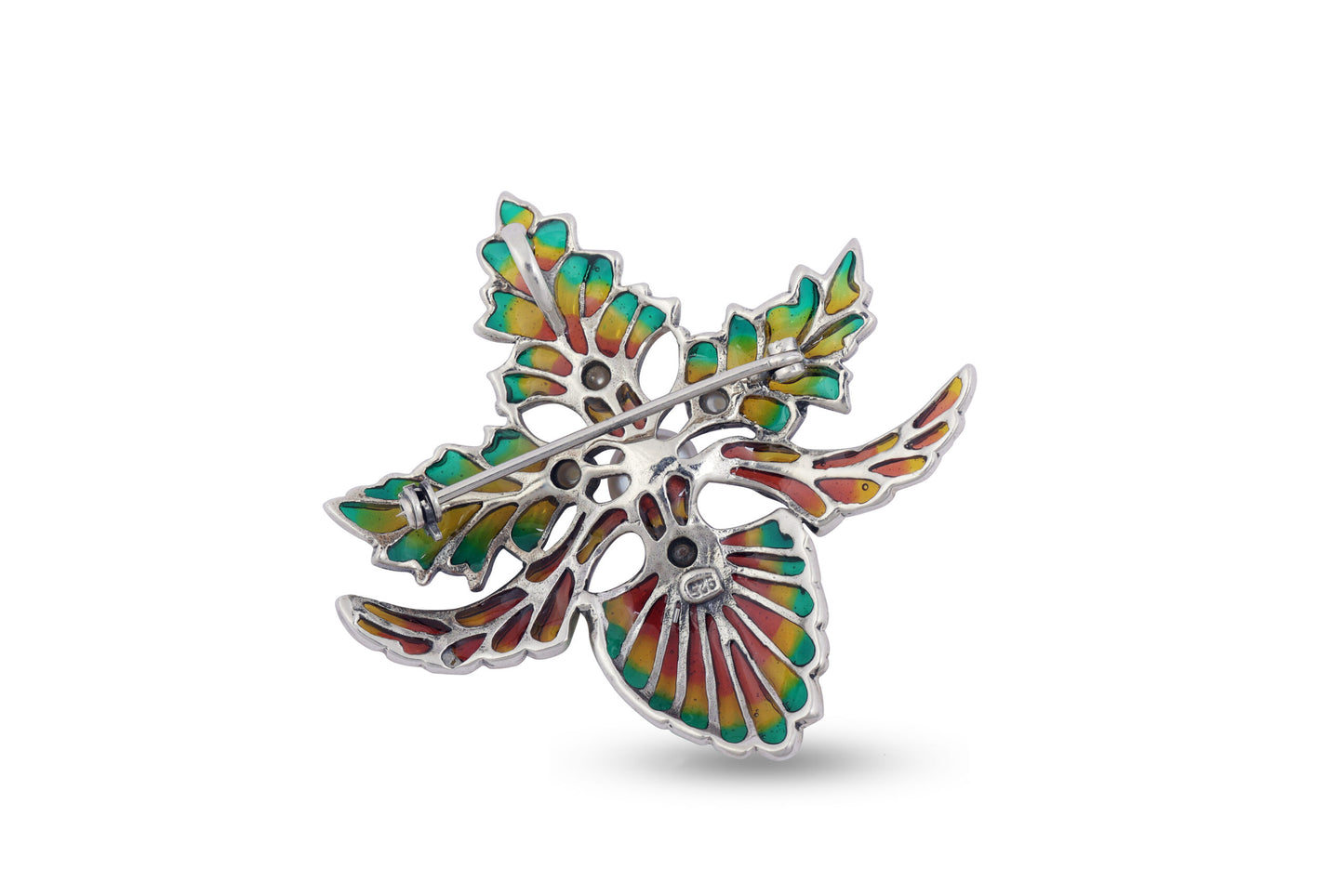 Brooch Pearl Genuine Natural and Red Green Enamel Solid Sterling Silver image 2