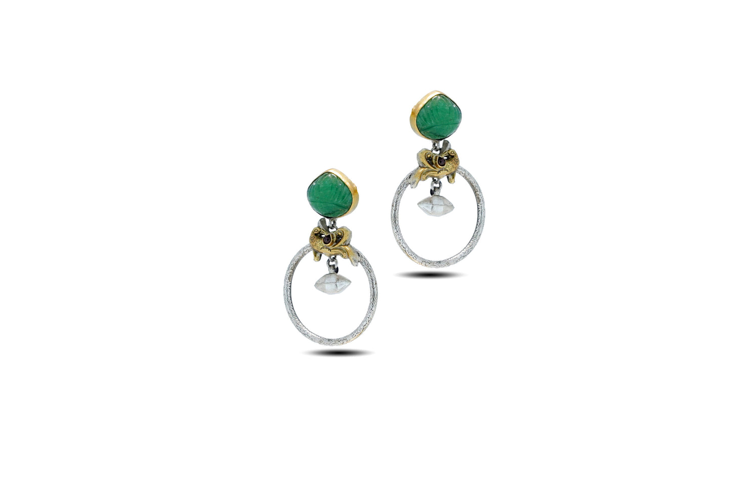 92.5 Silver Hoop Earrings with Green Onyx and Crystal Pendant image 2