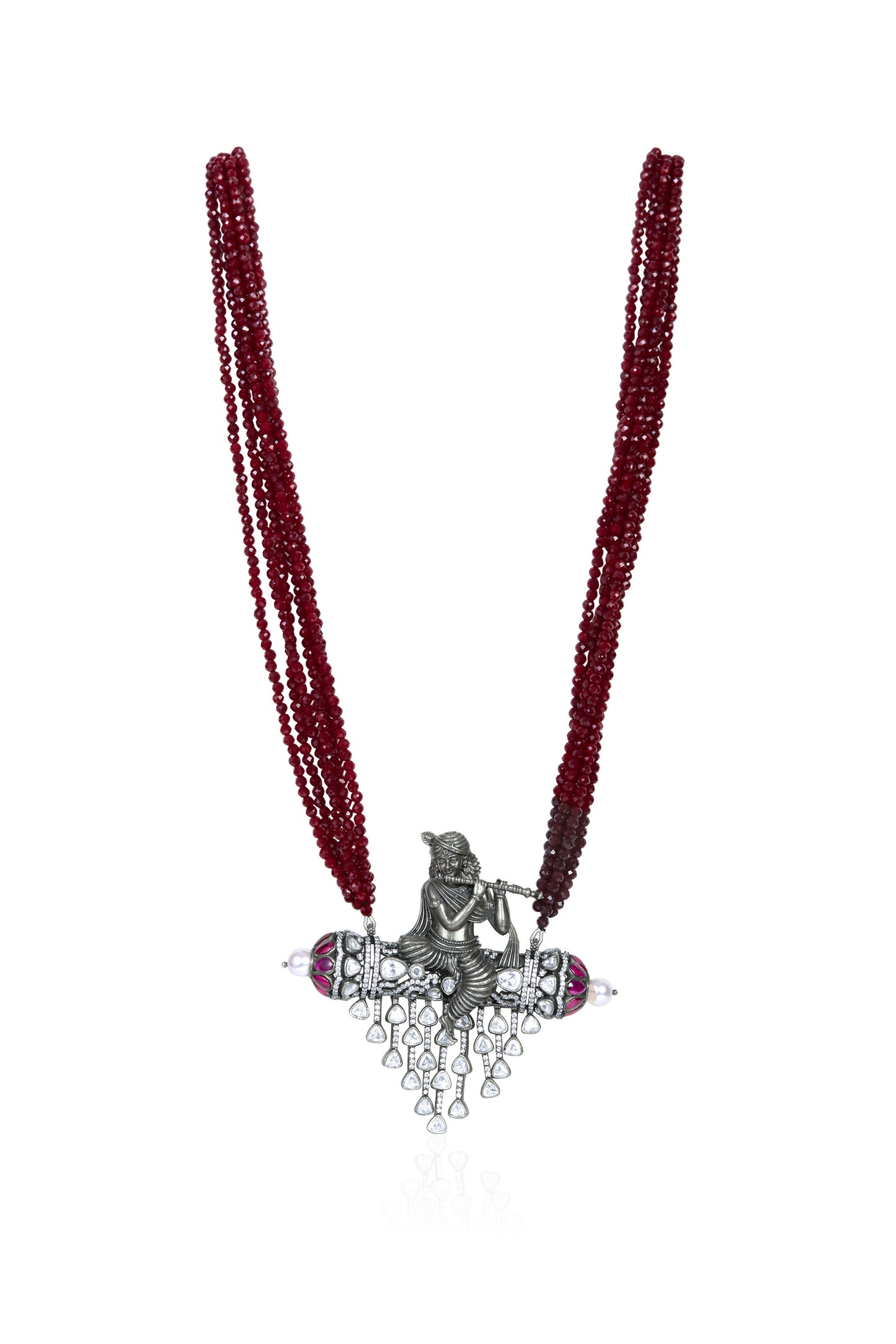 Divine Krishna Ruby Bead Necklace with Oxidized Silver Pendant