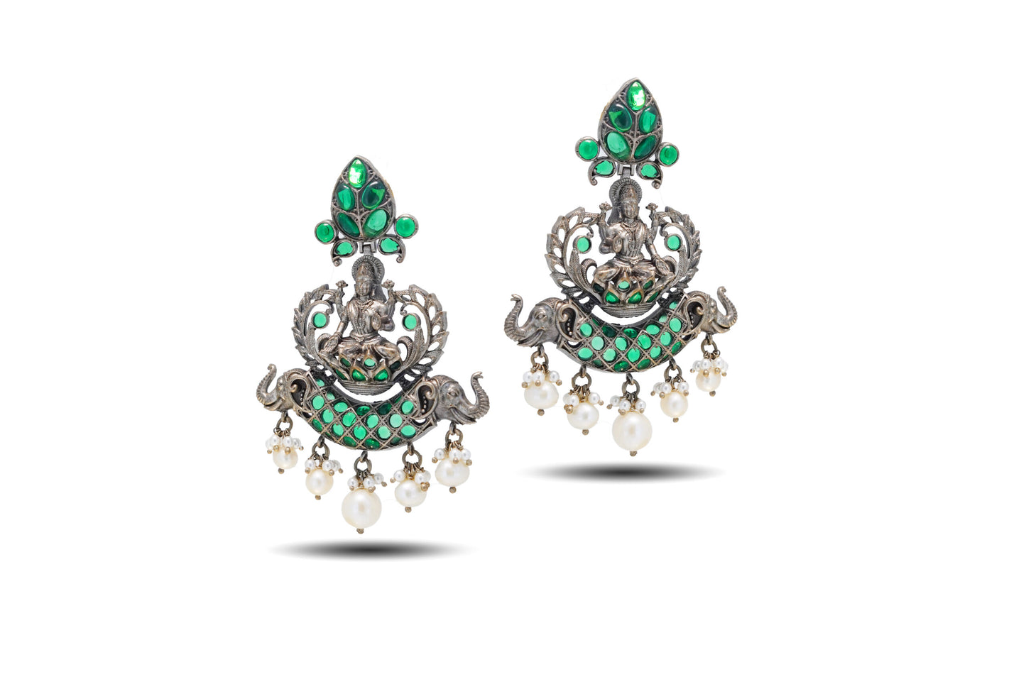 92.5 SILVER GREEN STONE LAXMI JI EARRING image 2