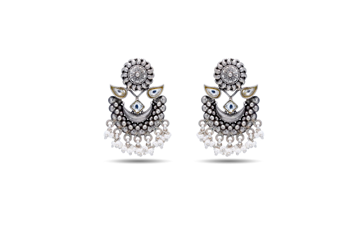 92.5 Silver Oxidised Look Chandbali Earring with Kundan And Pearls image 0