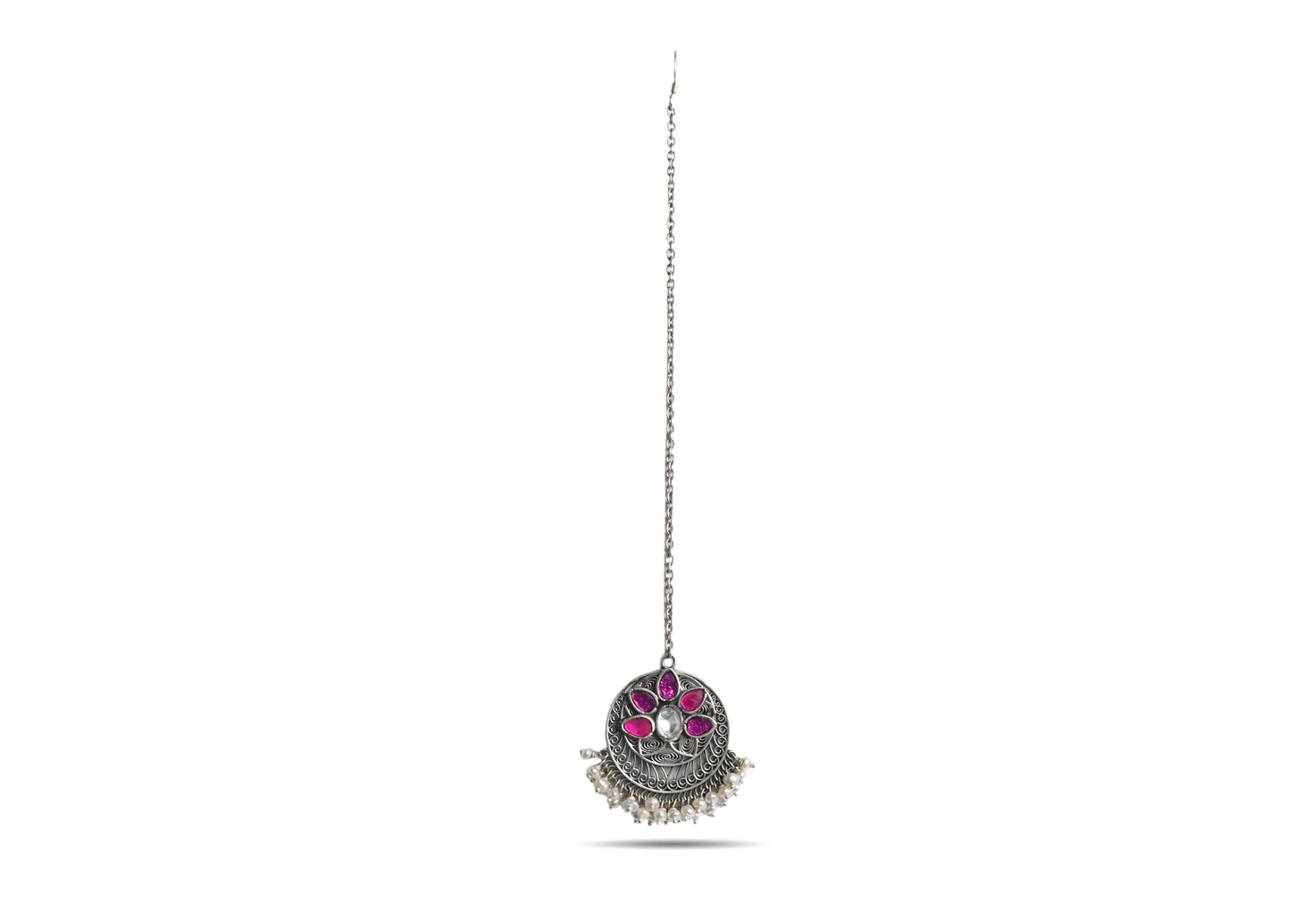 925 Silver Ruby Stone With Pearl Maang Tikka image 1
