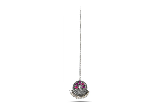 925 Silver Ruby Stone With Pearl Maang Tikka image 1