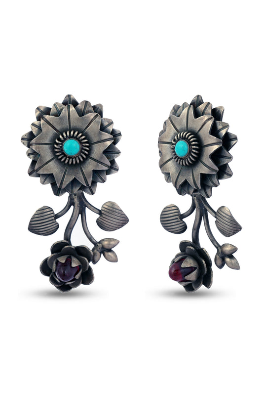 Floral Earring with Turquoise Blue Stone image 1