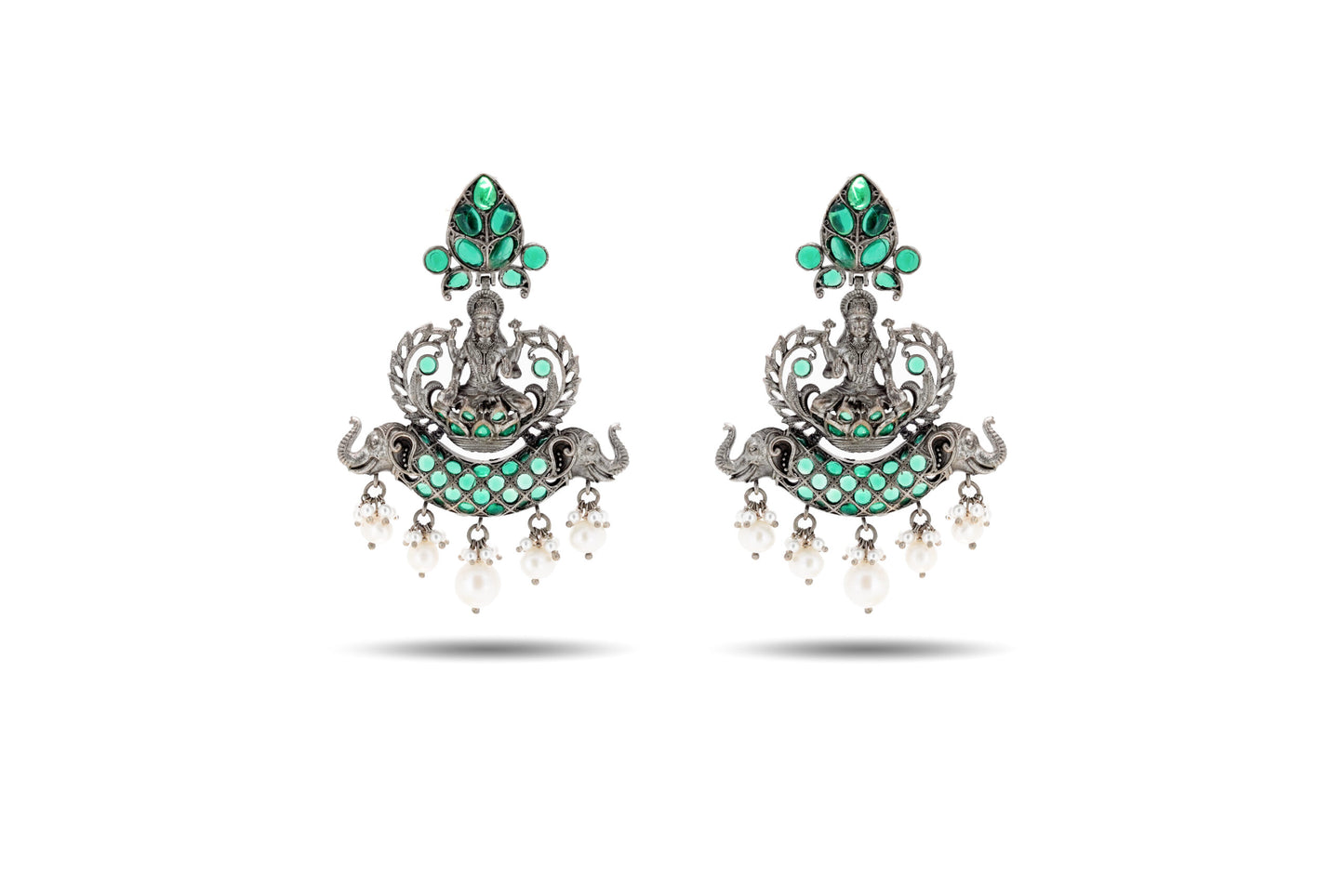92.5 SILVER GREEN STONE LAXMI JI EARRING image 0
