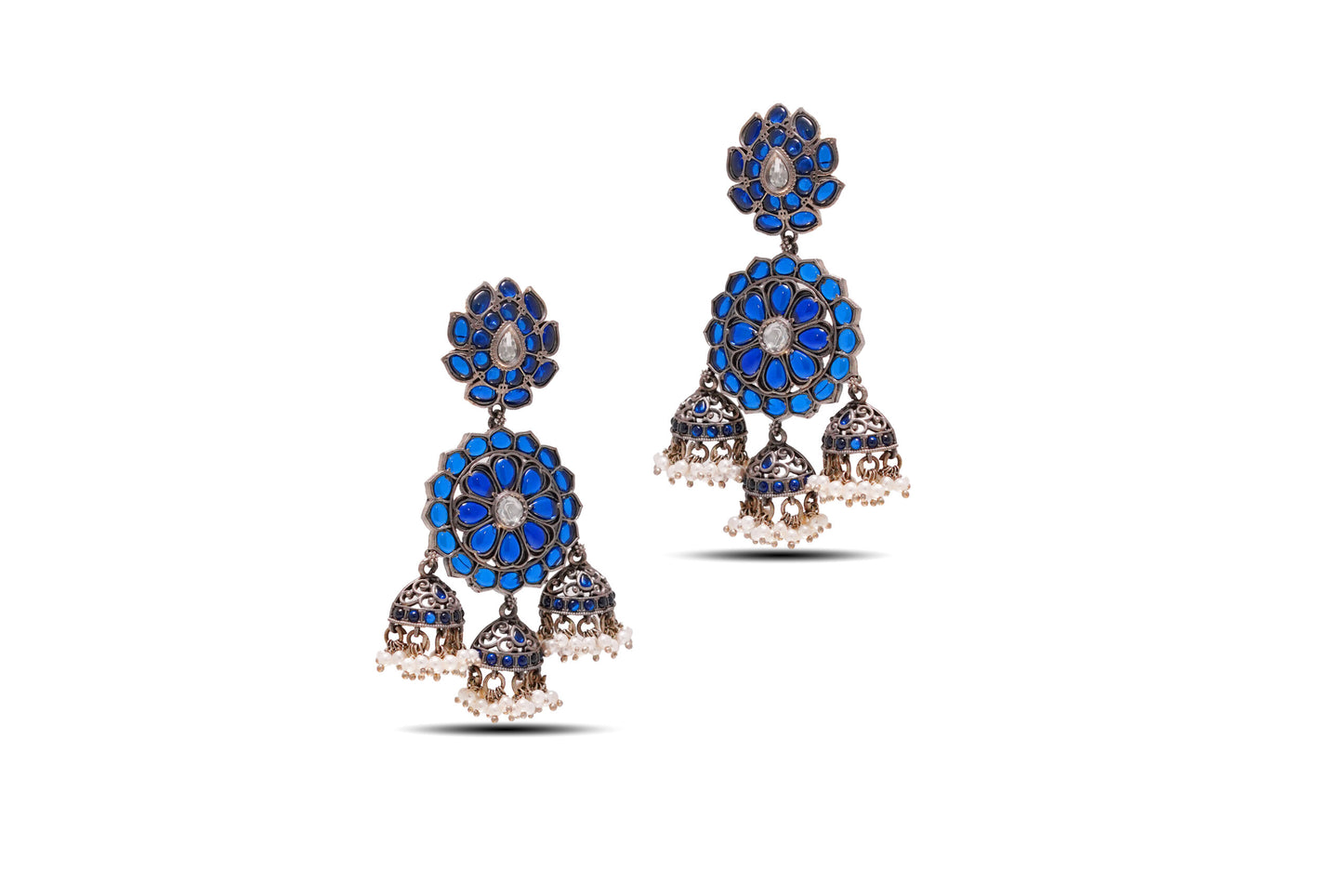 925 Silver Blue Stone and pearl Oxidized Jhumka image 2