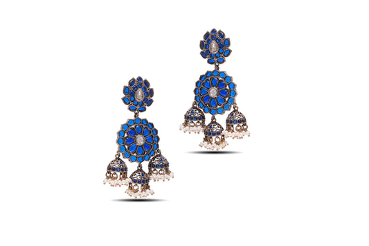 925 Silver Blue Stone and pearl Oxidized Jhumka image 2