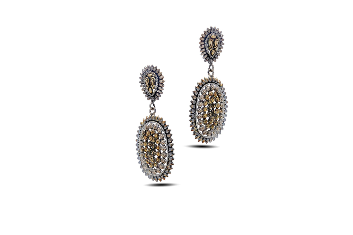 92.5 Silver Antique Oval Danglers Earring with Golden Accents image 1