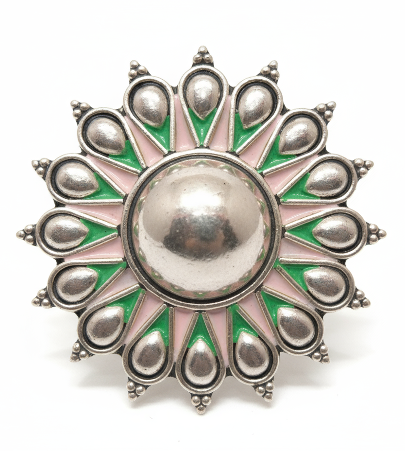 Vintage 925 Silver Sunburst Ring with Green Glow Accent