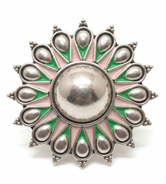 Vintage 925 Silver Sunburst Ring with Green Glow Accent