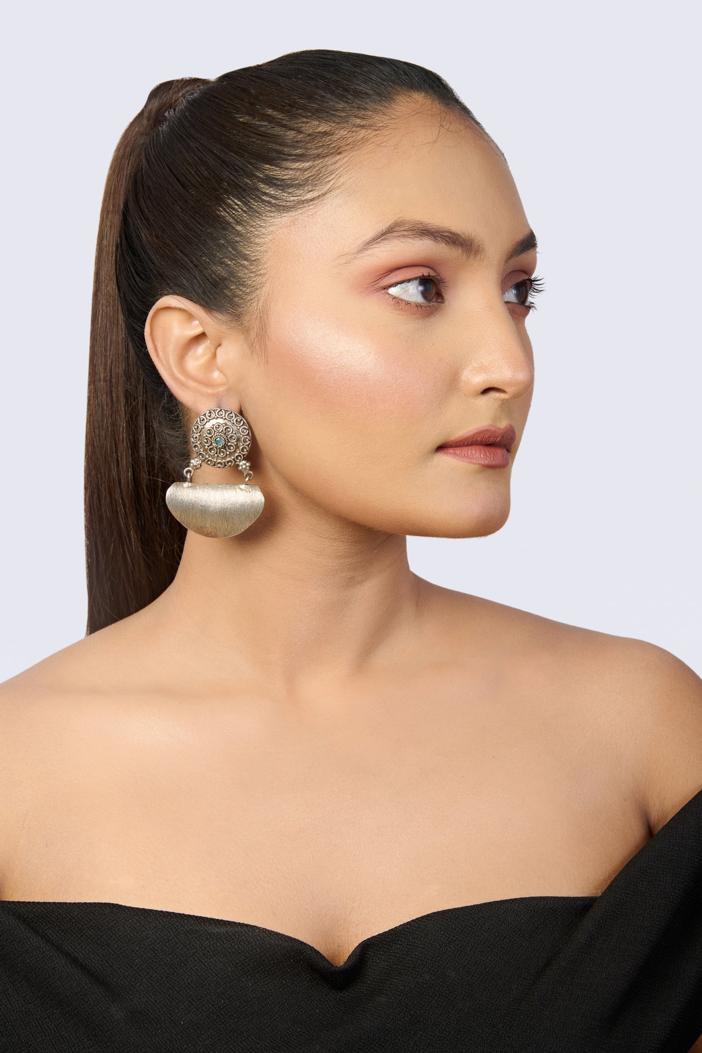 Oxidized Silver Stud Earrings with Dangling Textured Semi-Circles