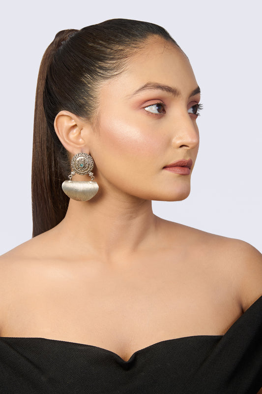 Oxidized Silver Stud Earrings with Dangling Textured Semi-Circles
