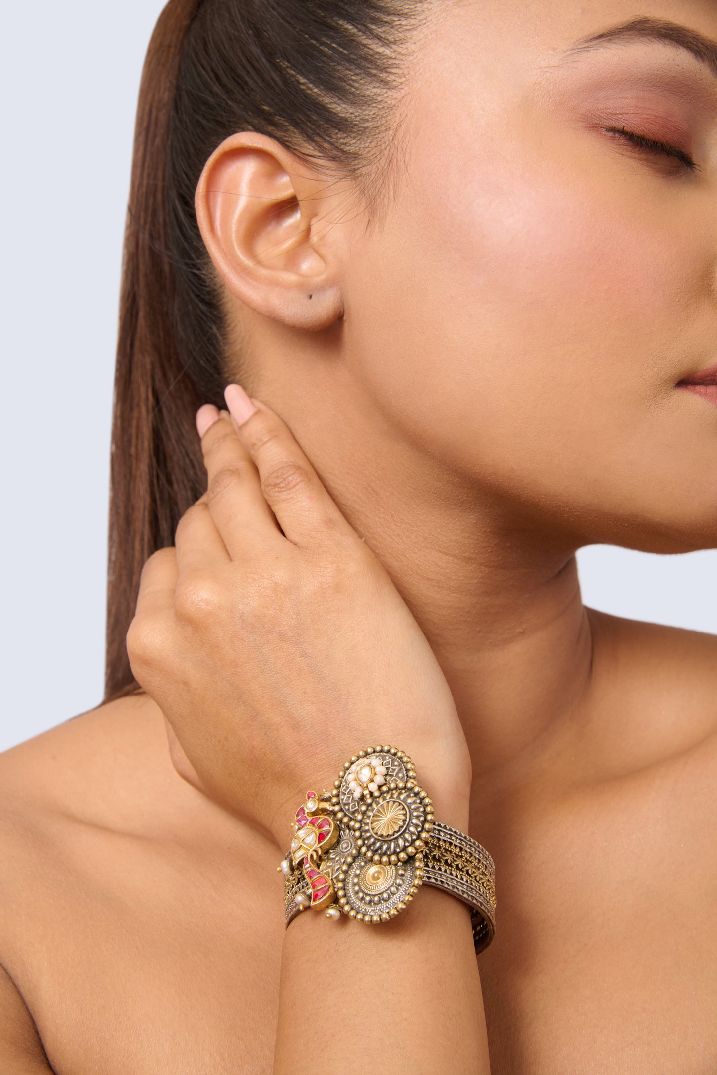 Oxidized Silver and Gold Cuff Bracelet with Rubies, Pearls, and Kundan Accents