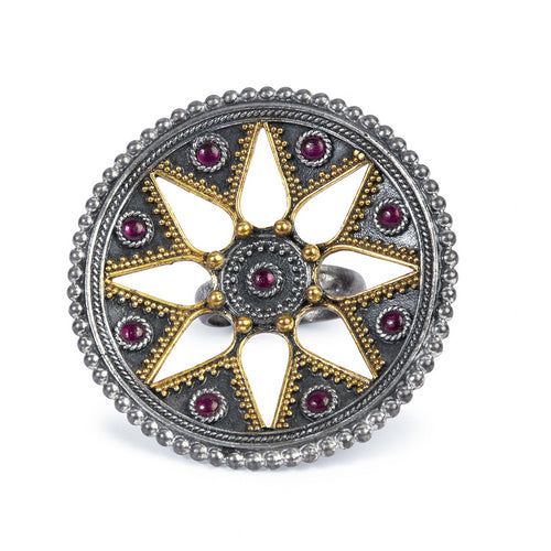 Dual-Tone Starburst Cocktail Ring with Ruby Accents
