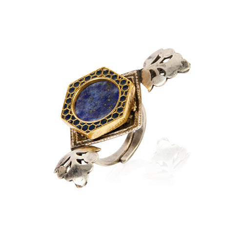 Artisan Crafted Dual-Tone Triangular Ring with Polki & Gemstone Accents