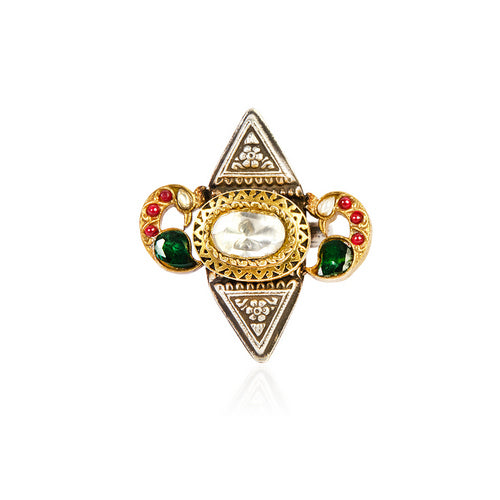 Artisan Crafted Dual-Tone Triangular Ring with Polki & Gemstone Accents