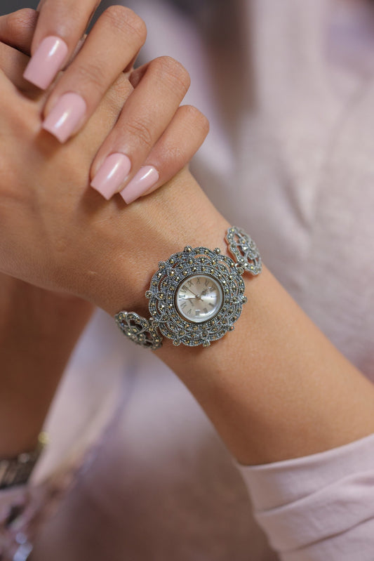 925 Silver Vintage Marcasite Bracelet Watch