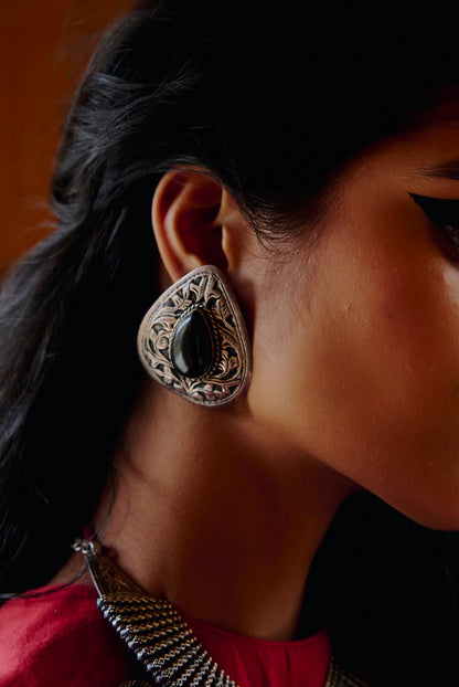 Oxidized Silver Teardrop Stud Earrings with Black Onyx Stone