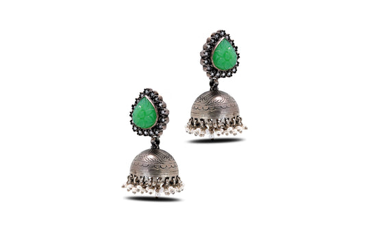 925 Silver Classic Green Stone Jhumkas image 2