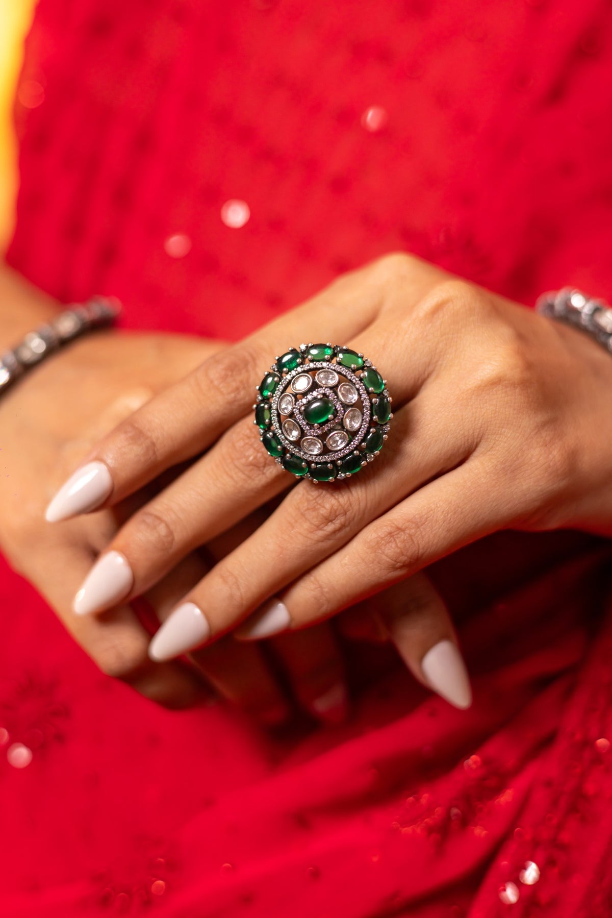 925 Silver Green Stone Statement Ring