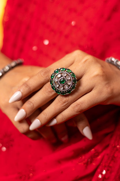 925 Silver Green Stone Statement Ring