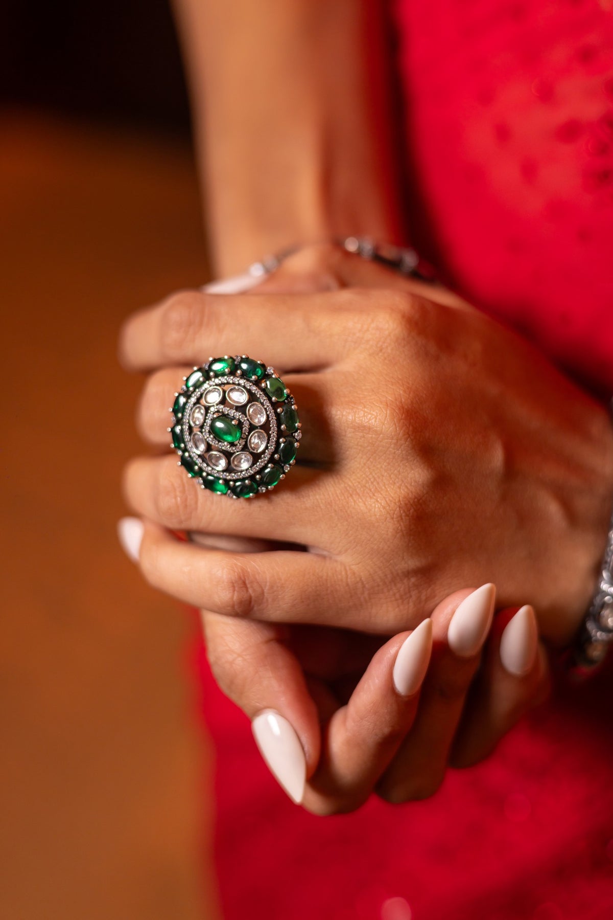 925 Silver Green Stone Statement Ring