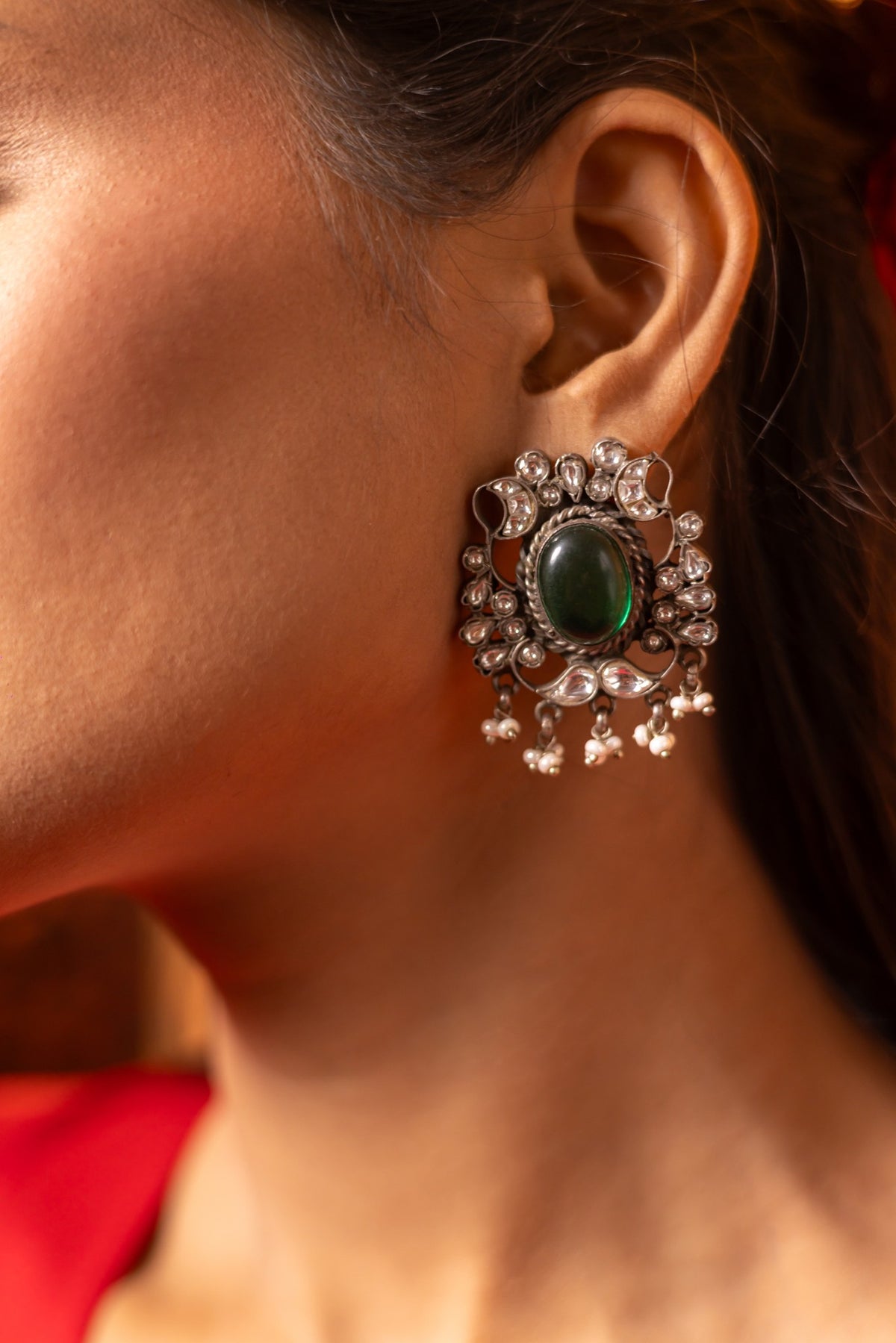 925 Silver Green Stone Polki Studs