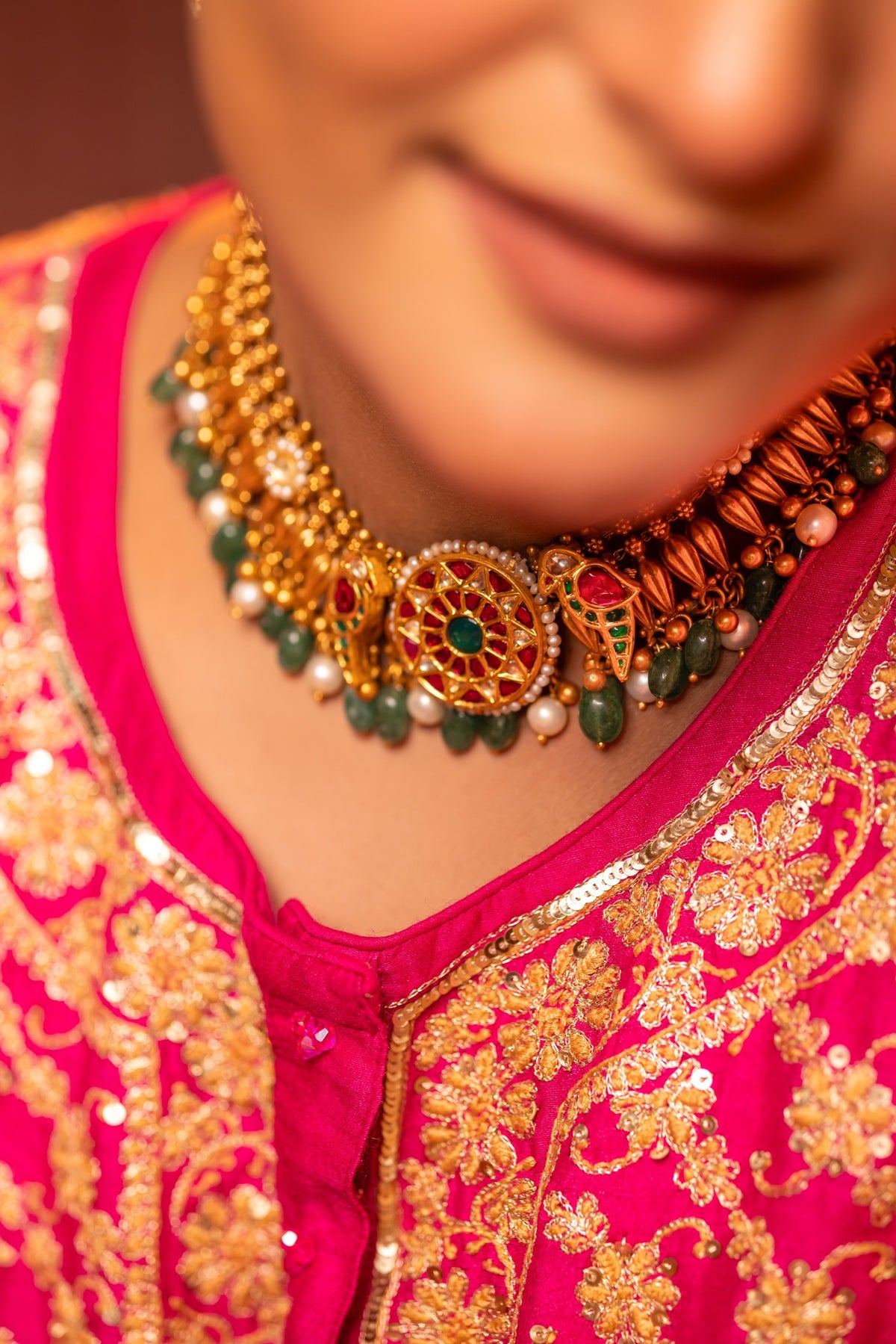 925 Silver Gold Plated Kundan & Green Bead Necklace