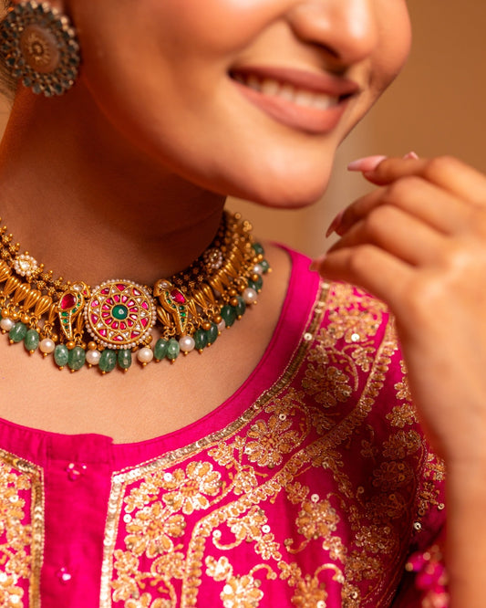 925 Silver Gold Plated Kundan & Green Bead Necklace