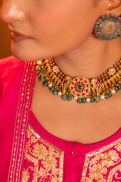925 Silver Gold Plated Kundan & Green Bead Necklace