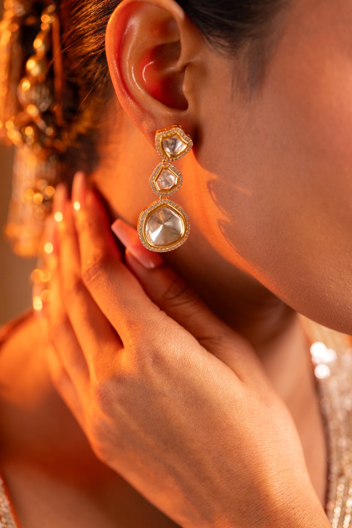 925 Silver Gold Plated Polki 3-Tier Drop Earrings