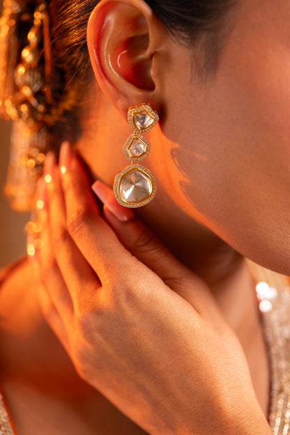 925 Silver Gold Plated Polki 3-Tier Drop Earrings