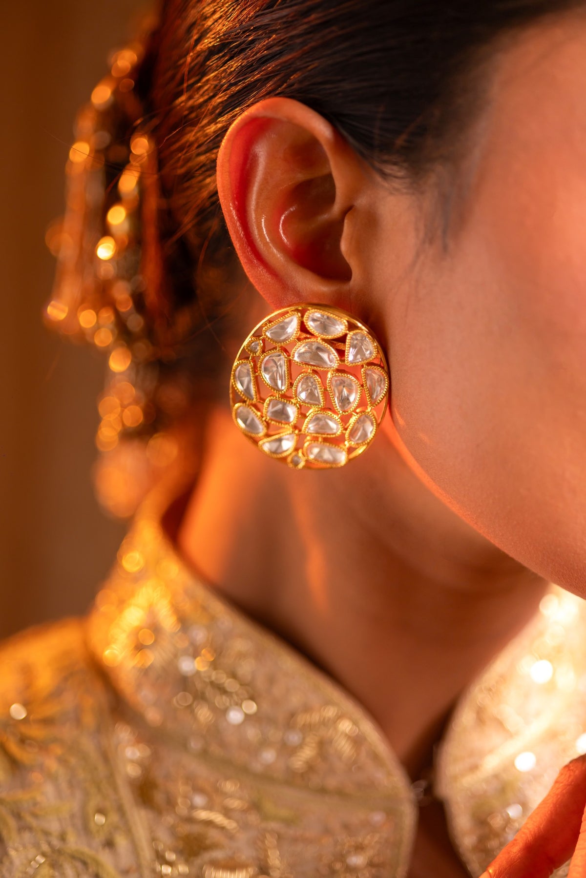 925 Silver Gold Plated Polki Oval Stud Earrings