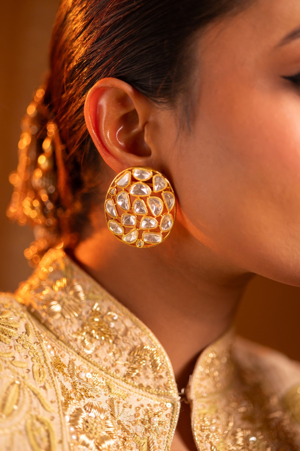 925 Silver Gold Plated Polki Oval Stud Earrings