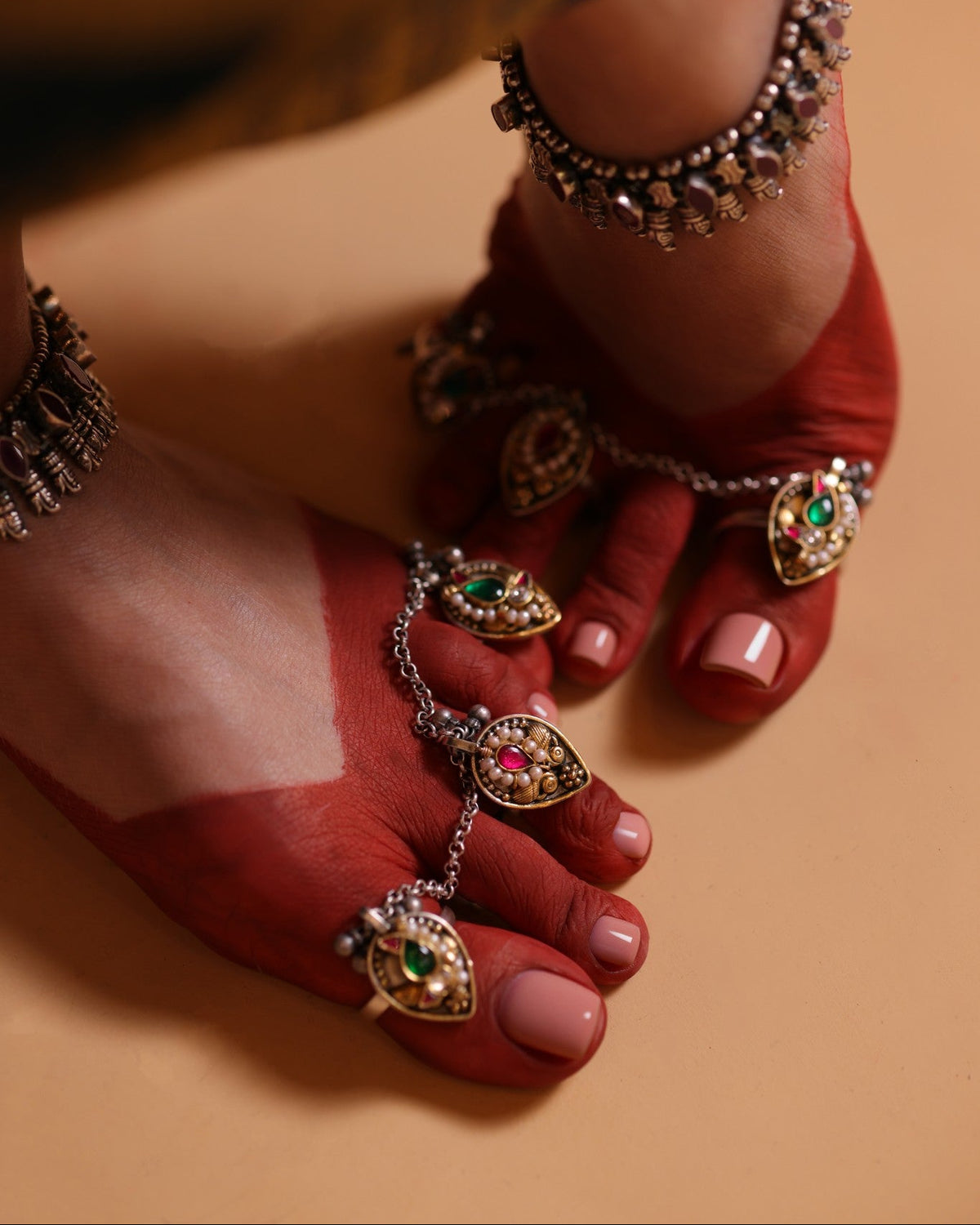 92.5 Silver Triple Toe Ring Chain Pair