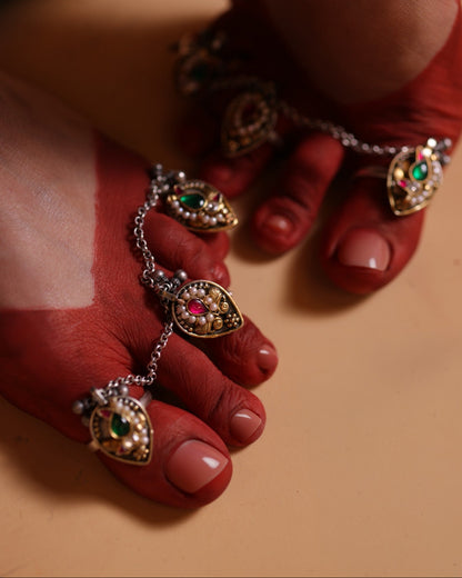 92.5 Silver Triple Toe Ring Chain Pair