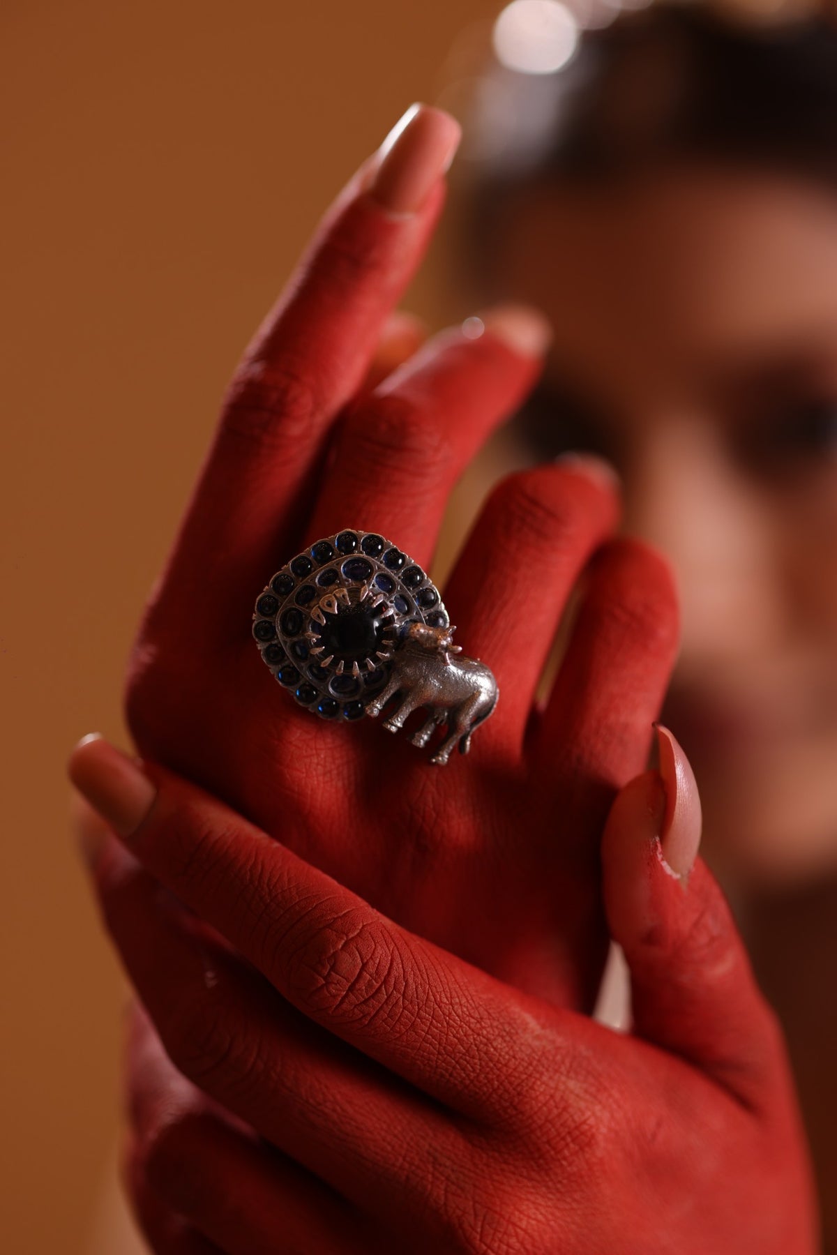 925 Silver Nandi Blue Stone Statement Ring