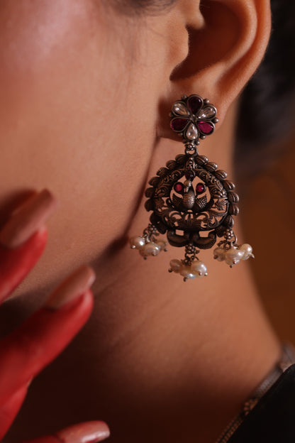92.5 Silver Peacock Crescent Pearl Necklace Set