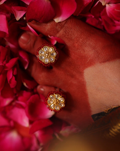 92.5 Silver Kundan Floral Red Beaded Toe Ring Pair