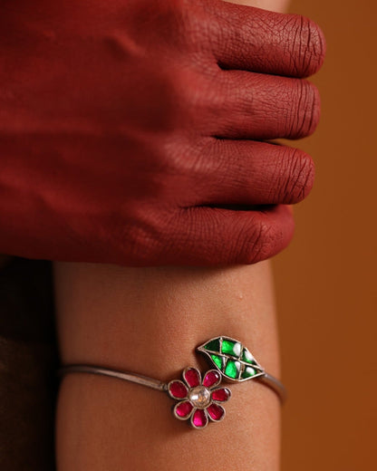 925 Silver Floral Leaf Enamel Open Bangle