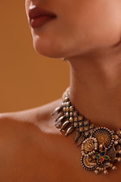 925 Silver Multi-Strand Pearl Peacock Leaf Collar Necklace