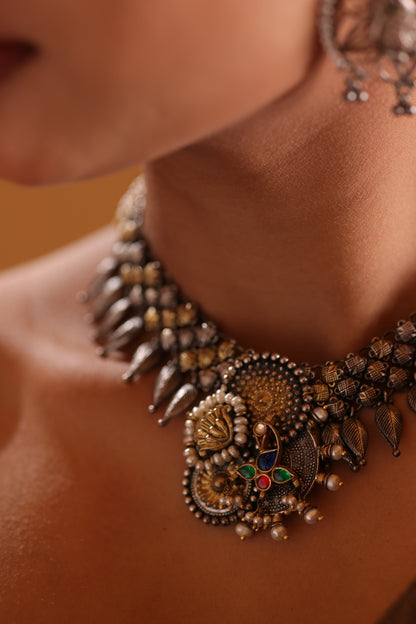 925 Silver Multi-Strand Pearl Peacock Leaf Collar Necklace